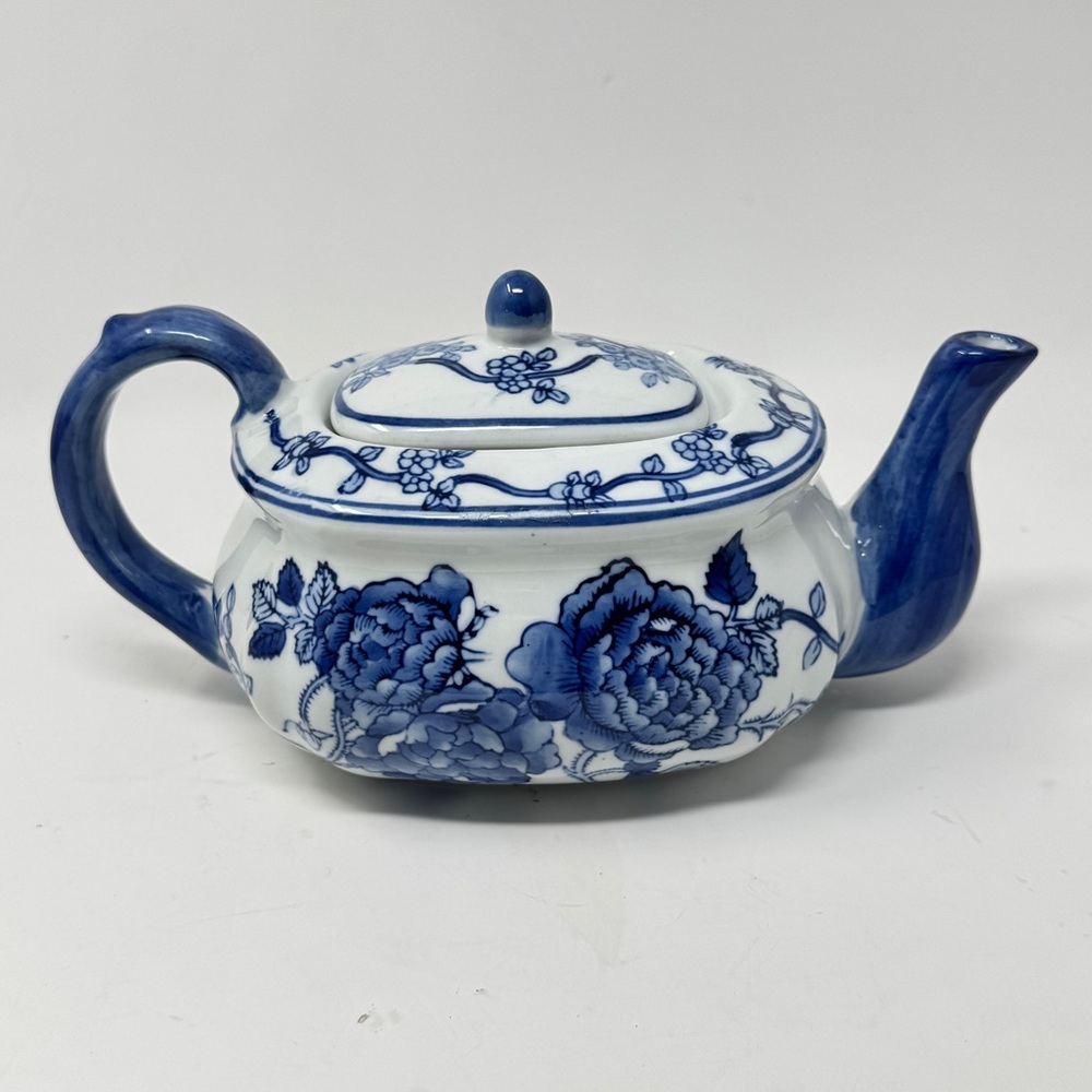 Vintage Blue and White Floral Porcelain Teapot with Hand-Painted Motif